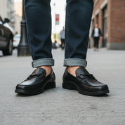 model-standing - Men's Brown Leather Horsebit Loafers