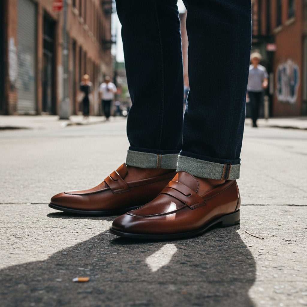 model-standing - Men's Brown Leather Moccasin Dress Shoes