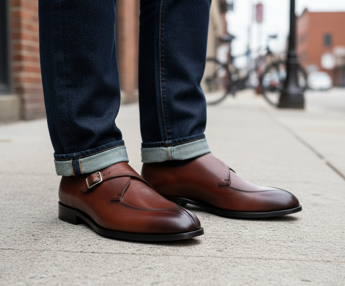 model-standing - Men's Brown Leather Monk Strap Shoes