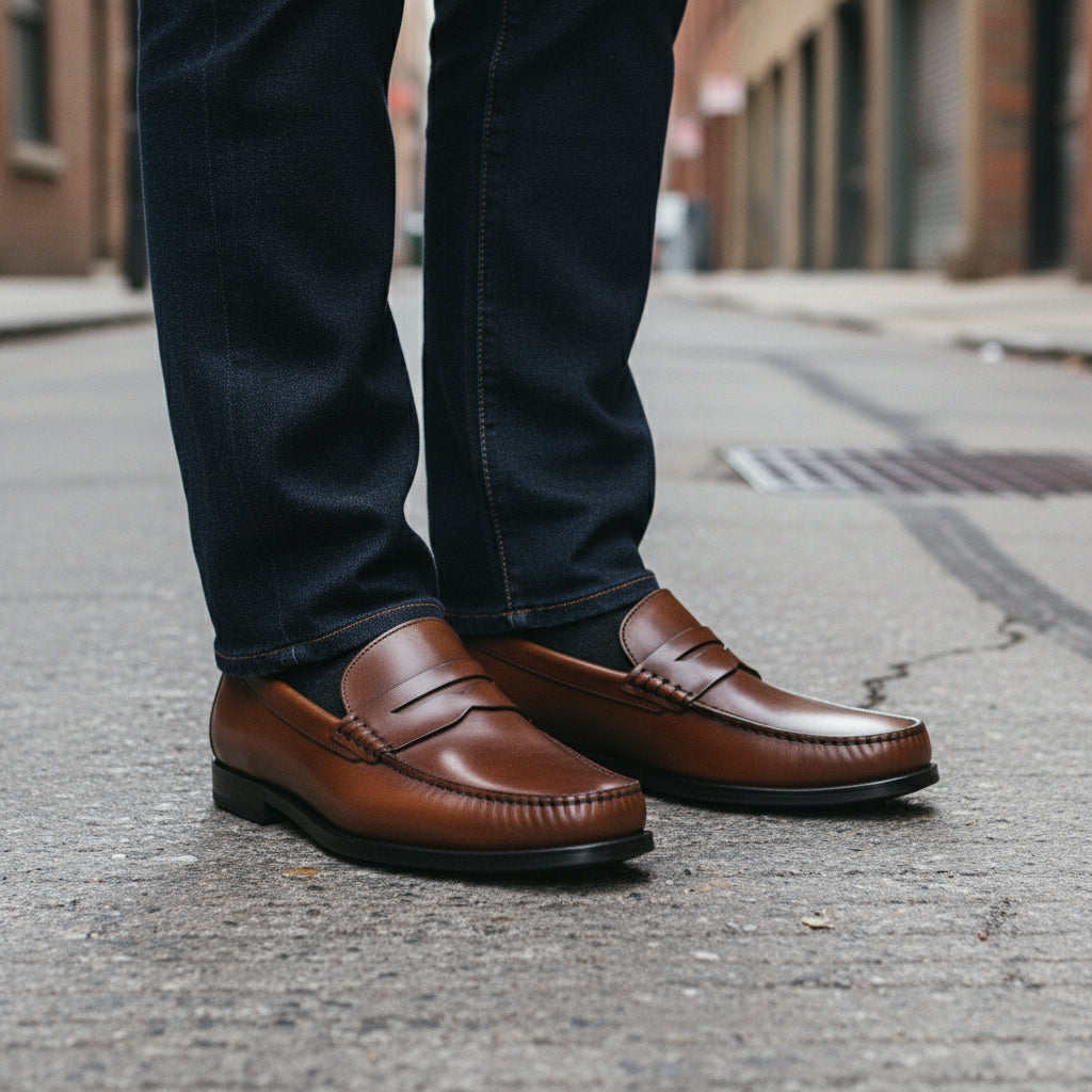 model-standing - Men's Brown Leather Penny Loafer Shoes