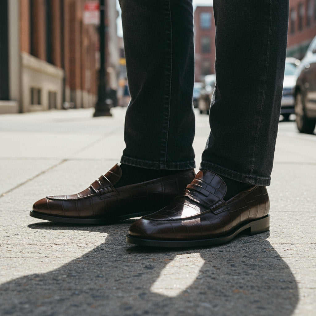 model-standing - Men's Brown Moc-Toe Leather Loafers