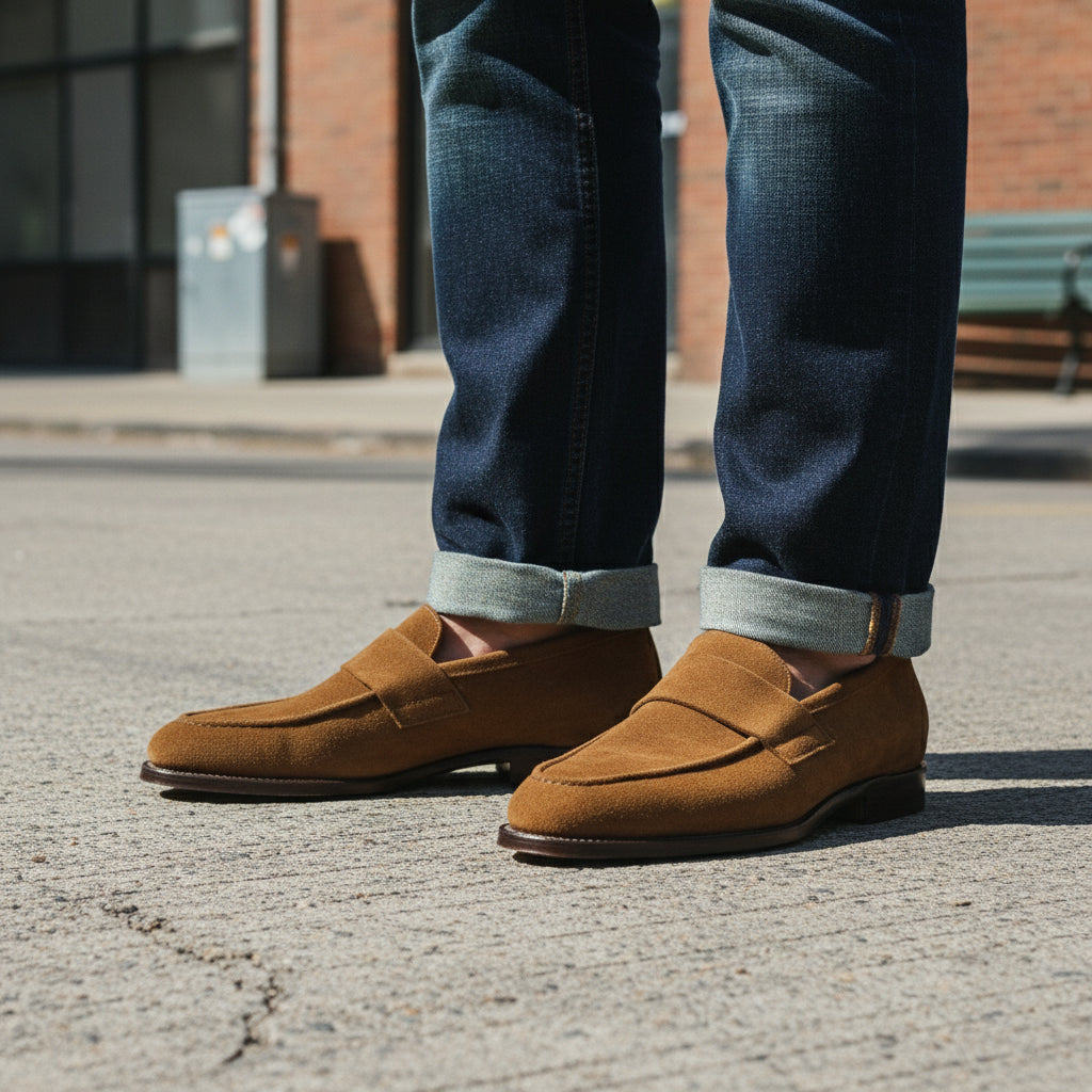 model-standing - Men's Brown Suede Penny Loafers