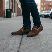 model-standing - Men's Brown Suede Penny Loafers
