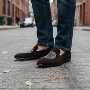 model-standing - Men's Brown Velvet Loafers