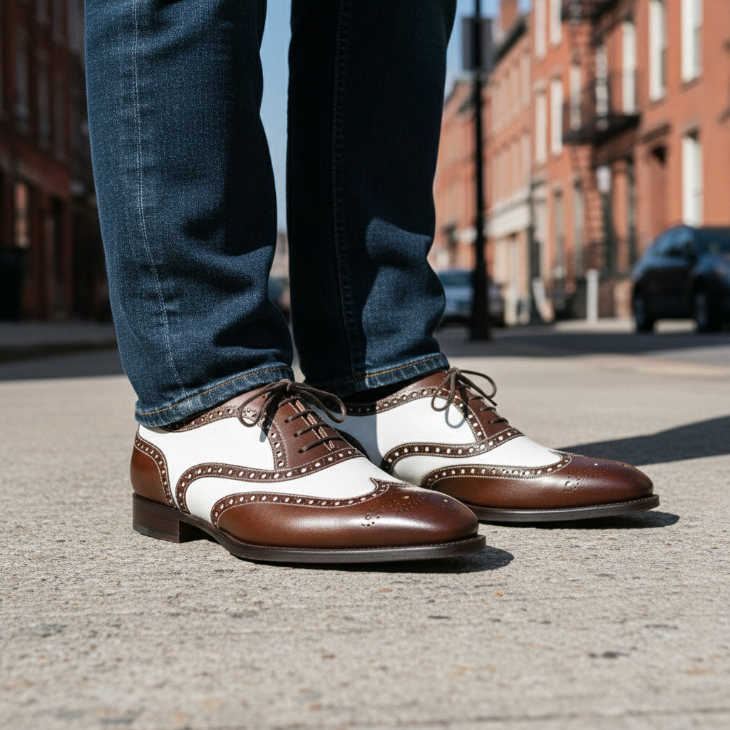 model-standing - Men's Brown & White Leather Spectator Shoes