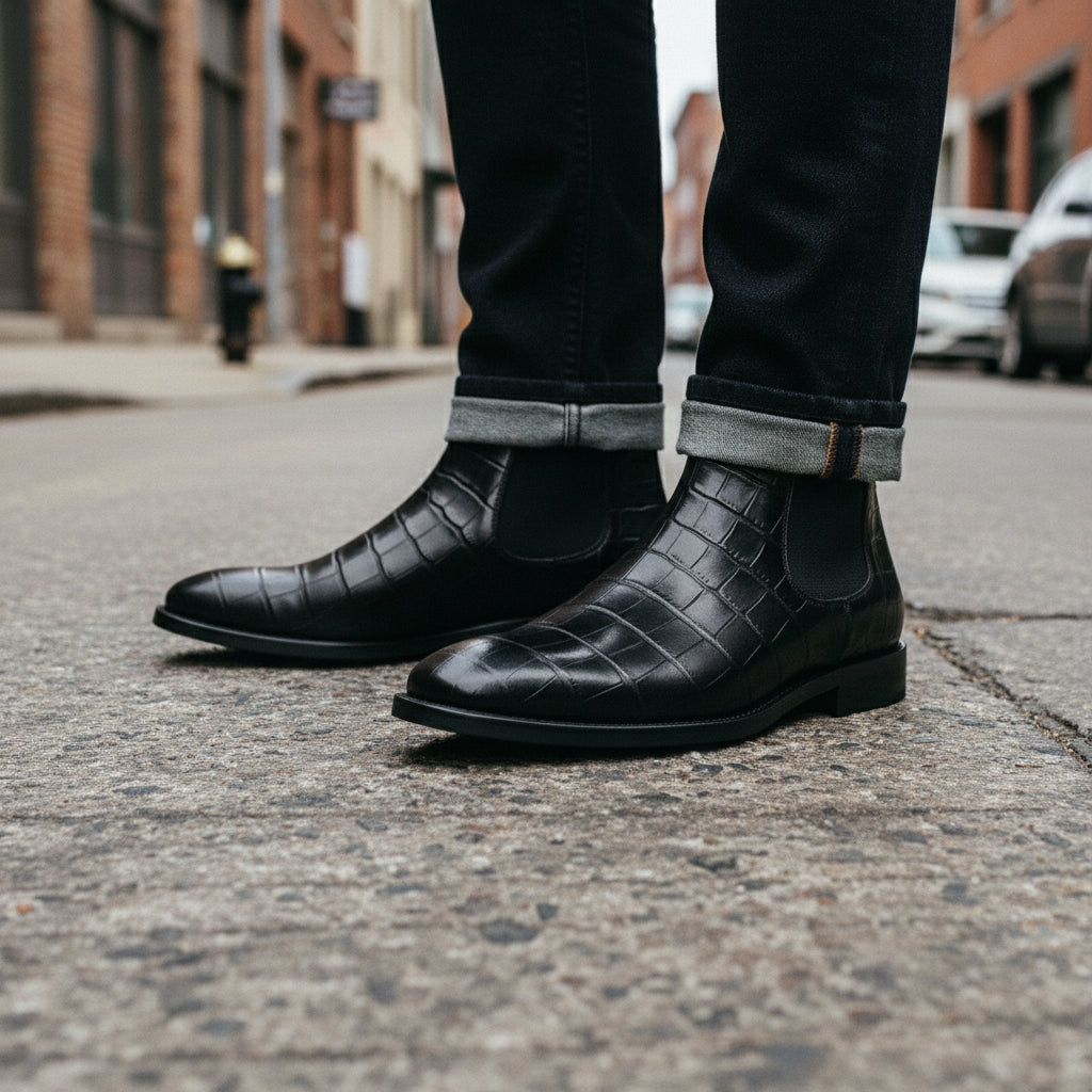 model-standing - Men's Embossed Crocodile Leather Chelsea Boots