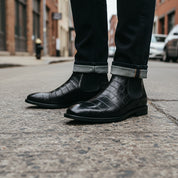 model-standing - Men's Embossed Crocodile Leather Chelsea Boots