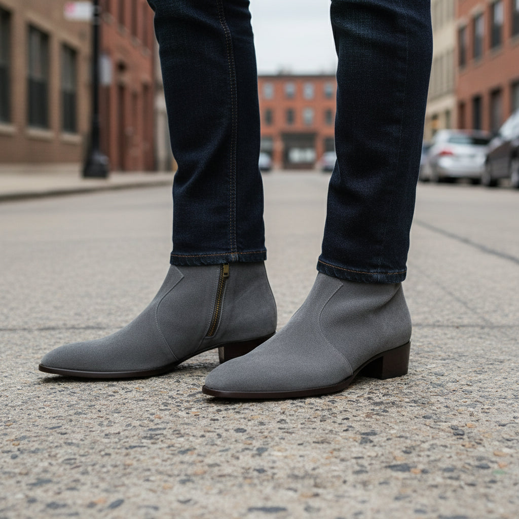 model-standing - Men's Gray Suede Dress Ankle Boots