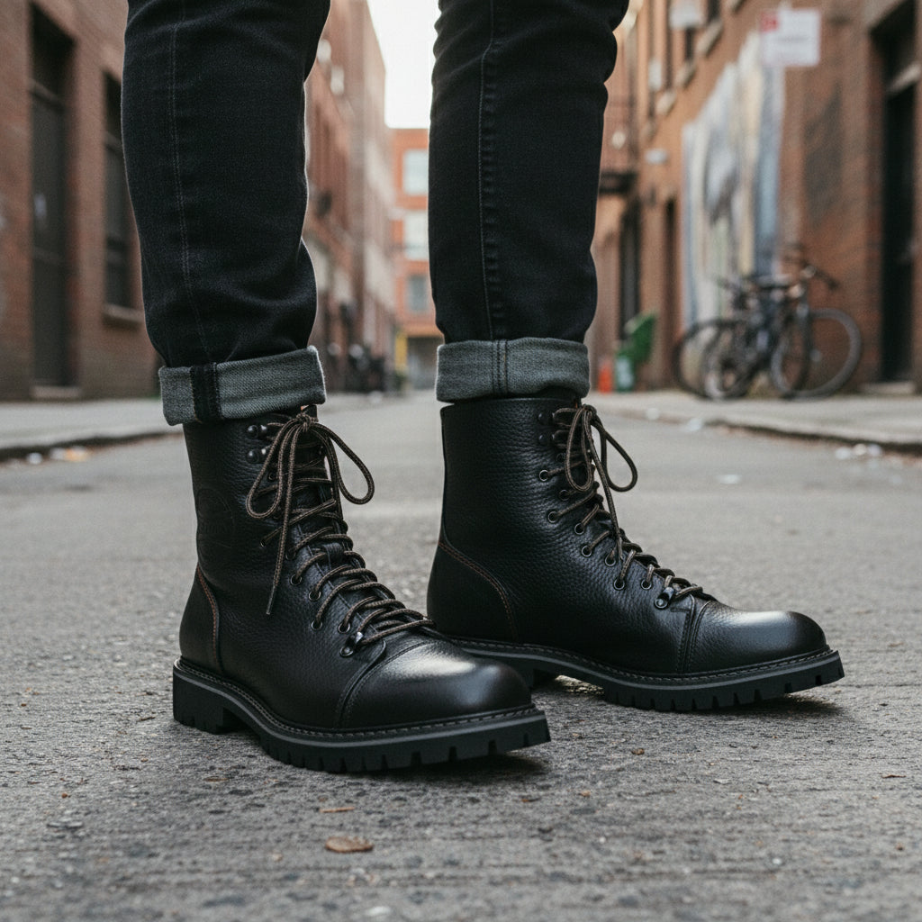 model-standing - Men's High Ankle Biker Leather Boots