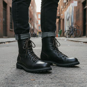 model-standing - Men's High Ankle Biker Leather Boots