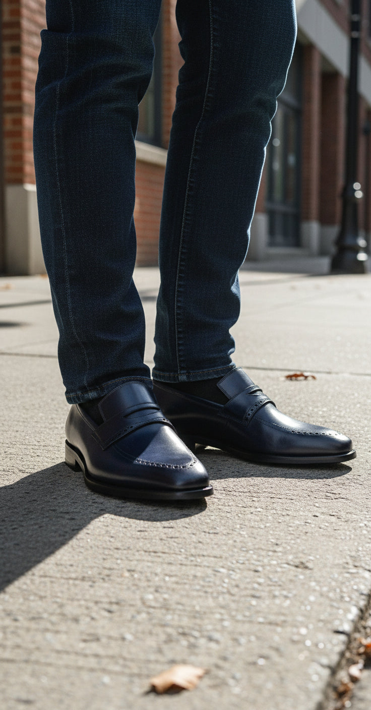model-standing - Men's Navy Blue Leather Moccasins