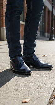 model-standing - Men's Navy Blue Leather Moccasins