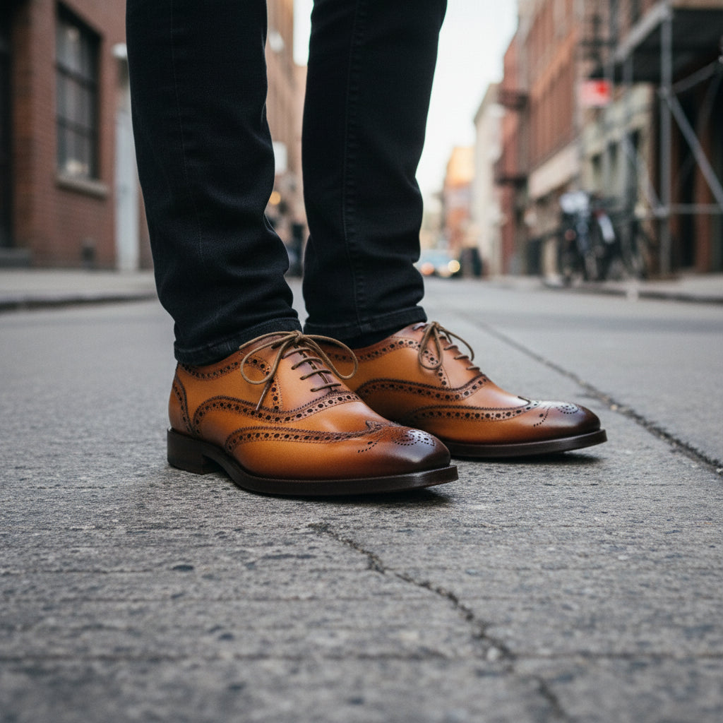 model-standing - Men's Tan Leather Brogue Dress Shoes
