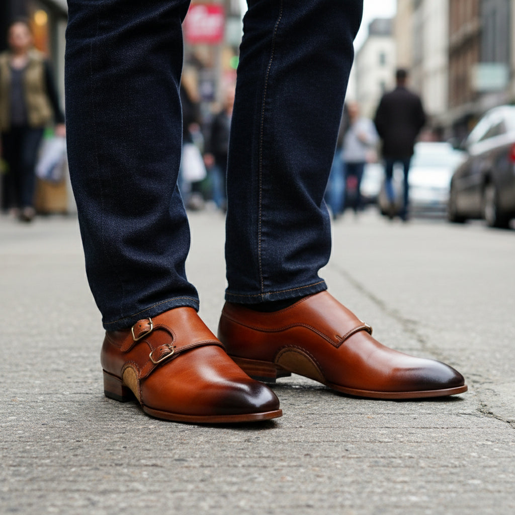 model-standing - Men's Tan Leather Double Buckle Oxfords