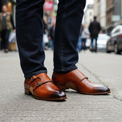 model-standing - Men's Tan Leather Double Buckle Oxfords
