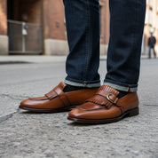 model-standing - Men's Tan Leather Moccasin Shoes
