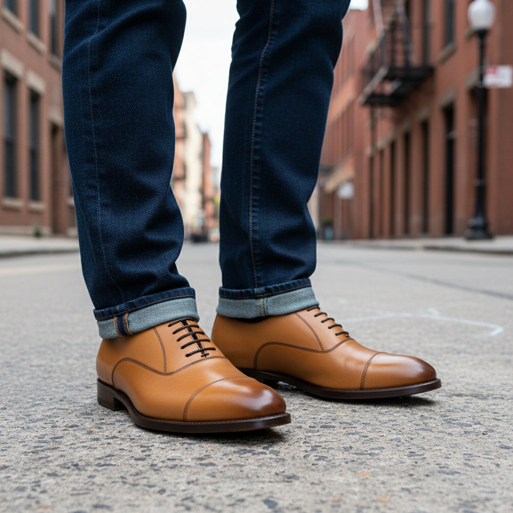 model-standing - Men's Tan Leather Oxford Dress Shoes
