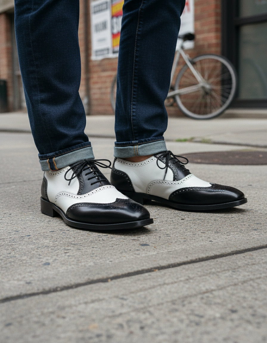 model-standing - Men's Two Tone Leather Wingtip Dress Shoes