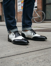model-standing - Men's Two Tone Leather Wingtip Dress Shoes