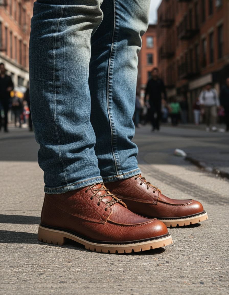model-standing - Men's Walnut Leather Biker Boots