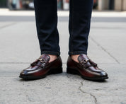 model-standing - Handmade Men Burgundy Leather Fringe Dress Shoes, Men Leather Penny Loafer