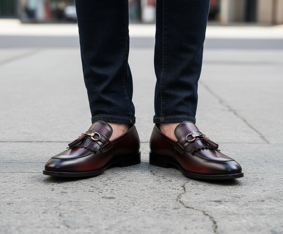 model-standing - Handmade Men Burgundy Leather Fringe Dress Shoes, Men Leather Penny Loafer