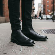 model-standing - Unisex Black Leather High Ankle Boots