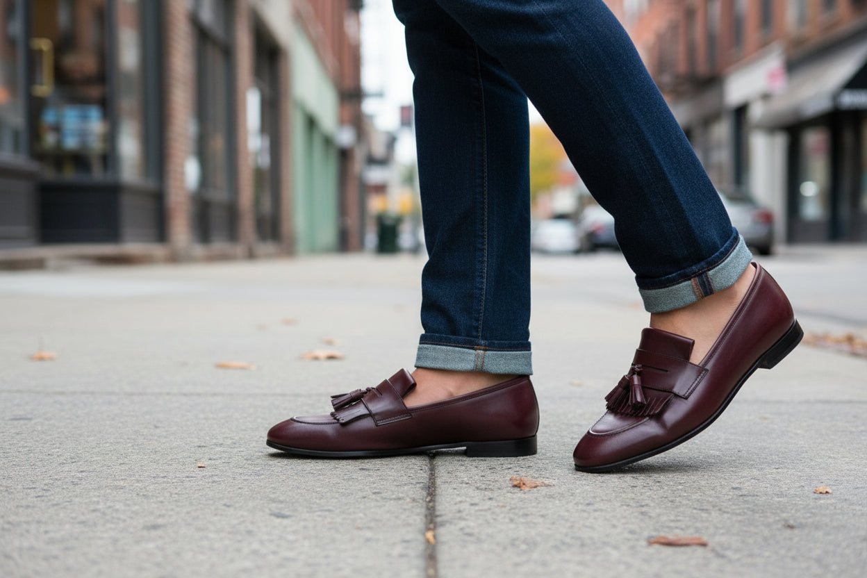 model-walking - Handmade Men Elegant Brown Fringe Shoes, Leather Penny Loafer Shoes for