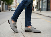 model-walking - Handmade Men Gray Suede Tassels Shoes Moccasins Loafer Driving Shoes