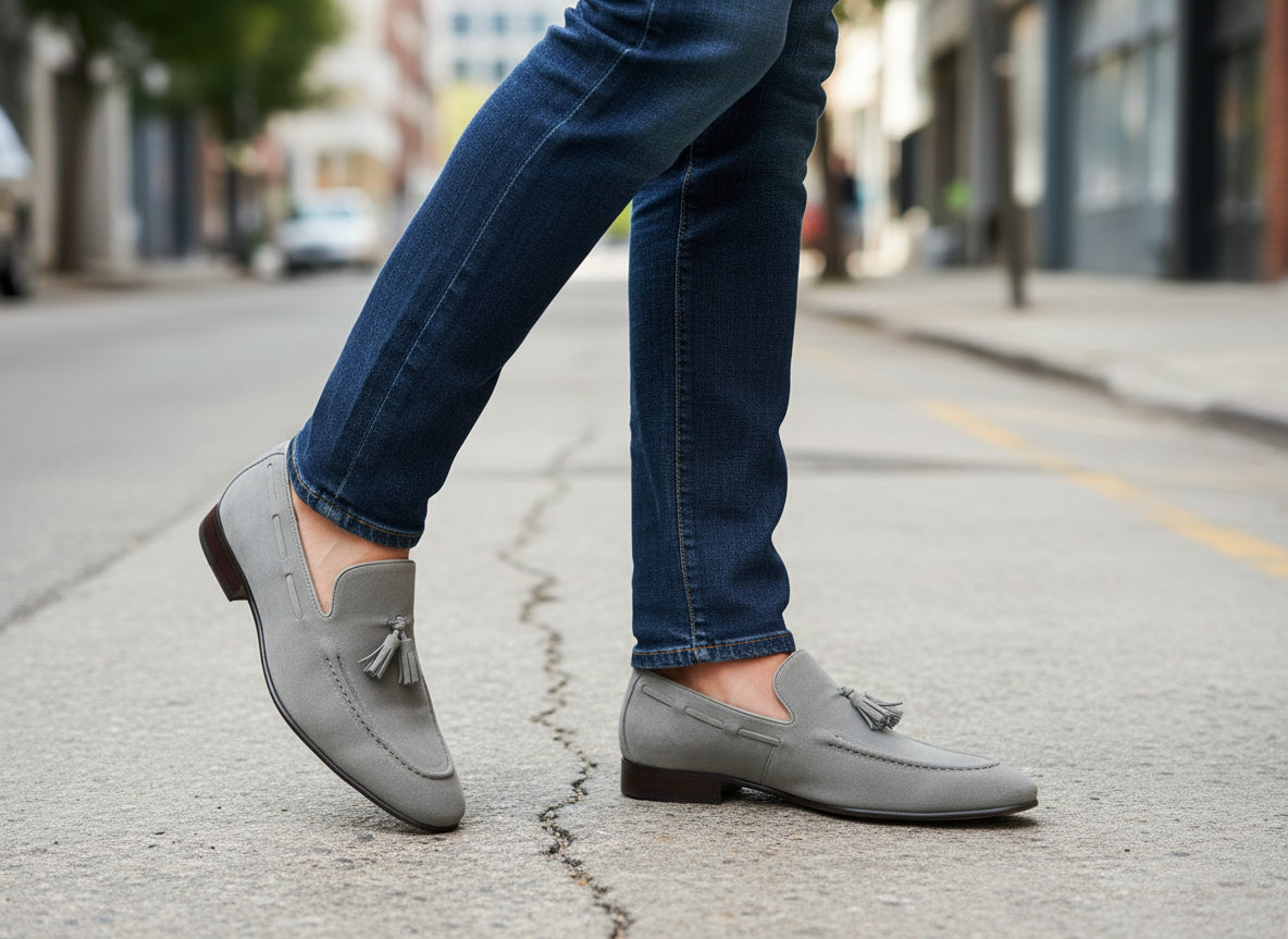 model-walking - Handmade Men Gray Suede Tassels Shoes Moccasins Loafer Driving Shoes