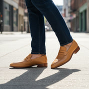 model-walking - Handmade Men Formal Shoes, Tan Color Leather Moccasins Shoes Loafer
