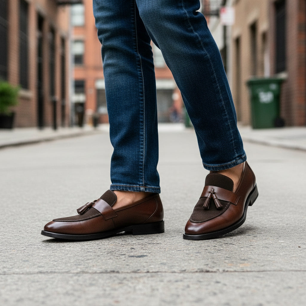 model-walking - Handmade Men Brown Tassels Moccasins Loafer Shoes, Brown Dress Shoes