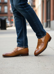model-walking - Handmade Men Tan Brown Brogue Leather Shoes, Leather Moccasins Loafer