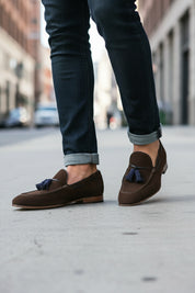 model-walking - Handmade Men Brown Loafer Shoes for Men with Tassel, Men Loafer Shoes