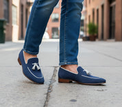 model-walking - Handmade Men Navy Blue Suede Leather Tassels Moccasins Shoes Loafer Silpons