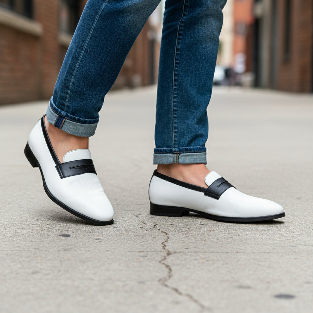 model-walking - Handmade Men Two Tone Penny Loafer Shoes, Men Spectatorleather Shoes
