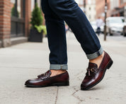 model-walking - Handmade Men Burgundy Leather Fringe Dress Shoes, Men Leather Penny Loafer