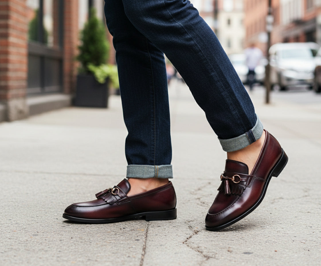 model-walking - Handmade Men Burgundy Leather Fringe Dress Shoes, Men Leather Penny Loafer