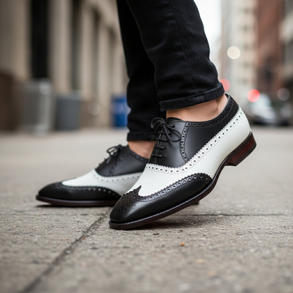 Black and White Leather Brogue Dress Shoes - model-walking-street
