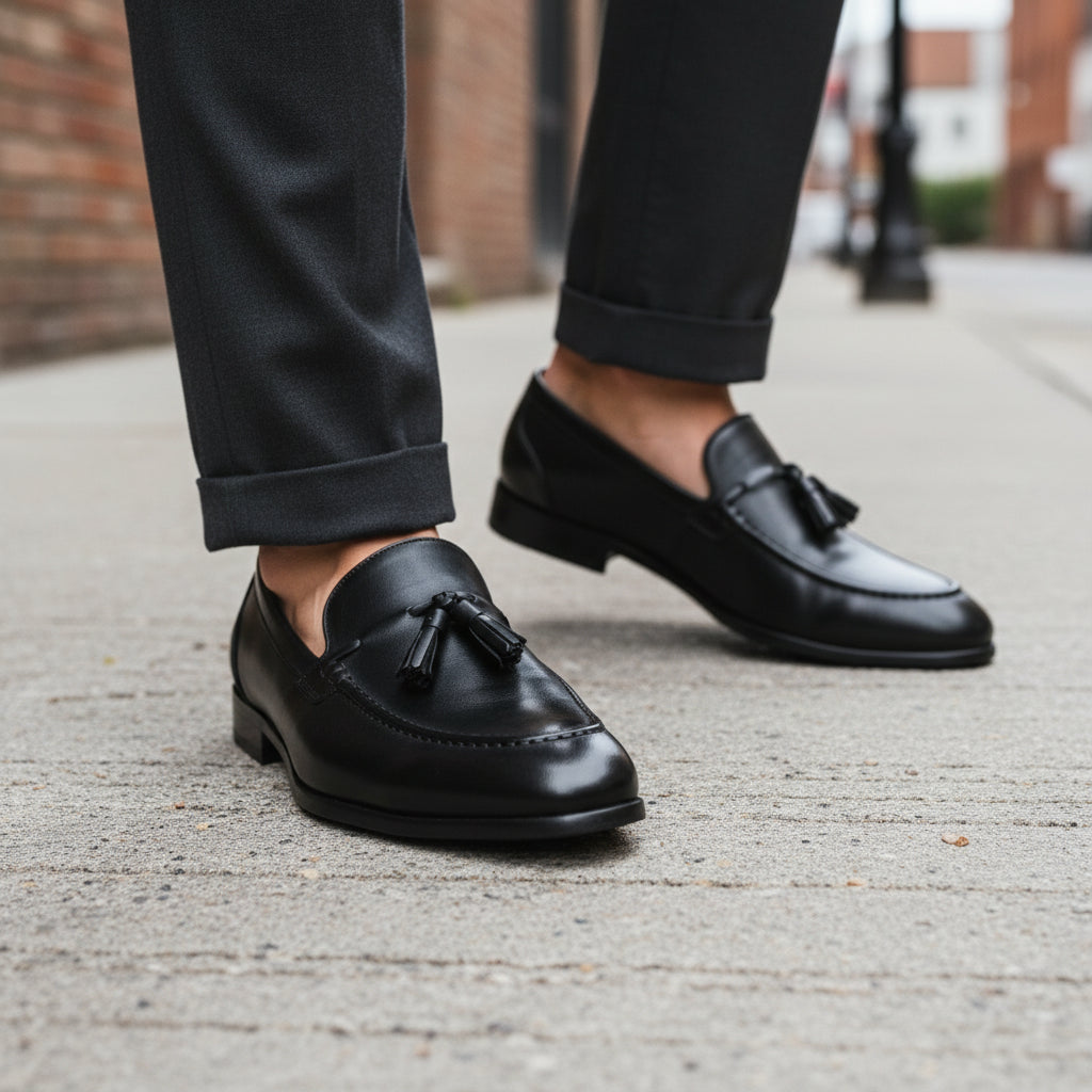 Black Leather Penny Loafers with Tassels - model-walking-street