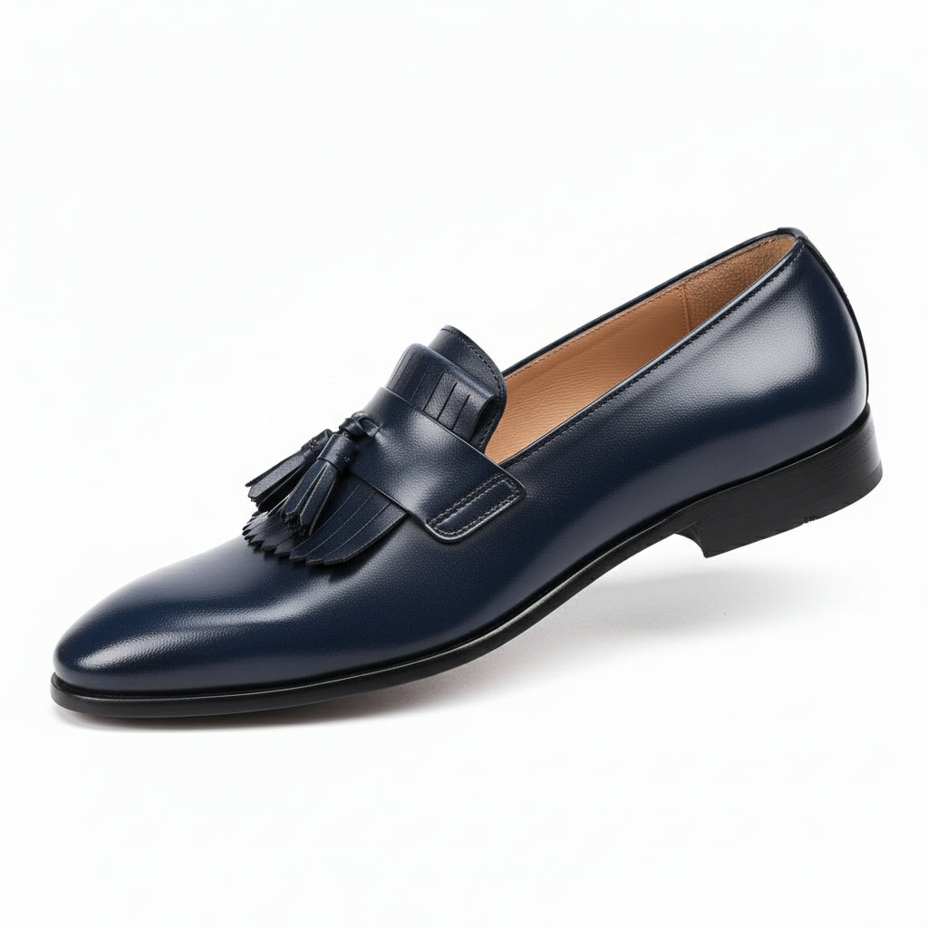 Blue Leather Moccasin Loafers with Fringes - model-walking-street