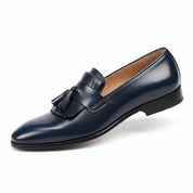 Blue Leather Moccasin Loafers with Fringes - model-walking-street