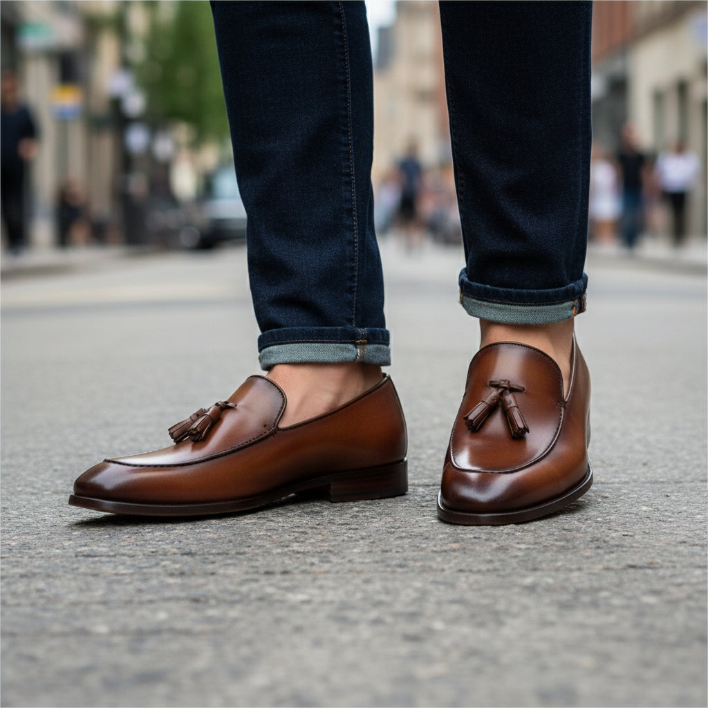Brown Leather Tassel Moccasins Formal Dress Shoes - model-walking-street