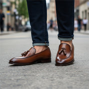 Brown Leather Tassel Moccasins Formal Dress Shoes - model-walking-street
