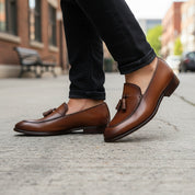 Brown Leather Tassel Moccasins Formal Dress Shoes - model-walking-street