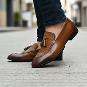 Brown Leather Tassels Moccasins - model-walking-street