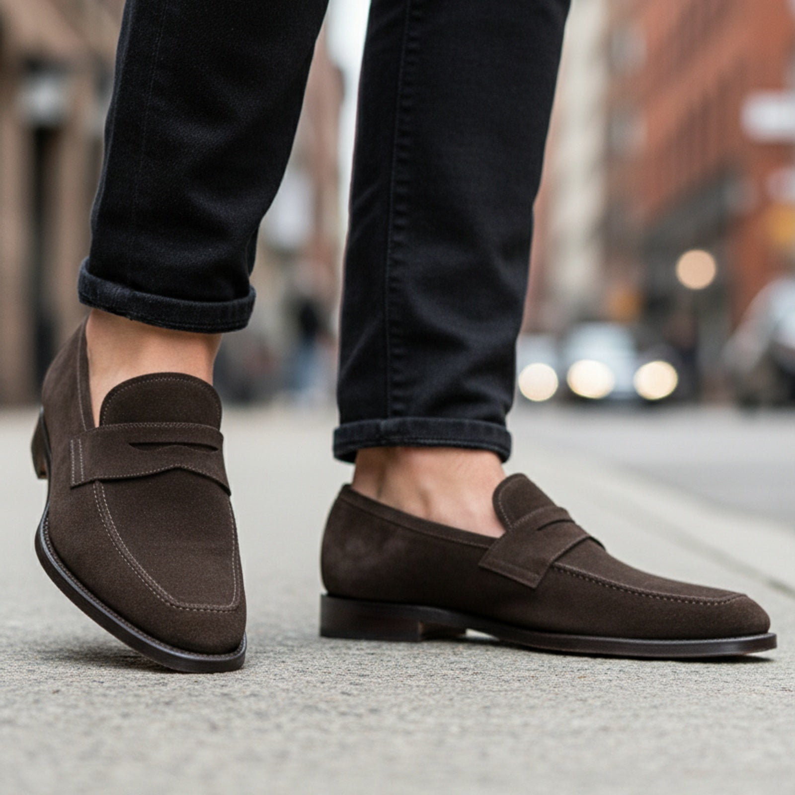 Brown Suede Leather Moccasins Loafer Slip Ons - model-walking-street