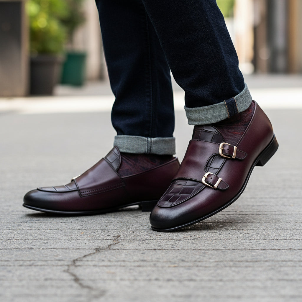 Double Monk Leather Dress Shoes, Penny Loafer Style - model-walking-street