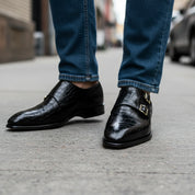 Men's Black Crocodile Leather Double Monk Dress Shoes - model-walking-street