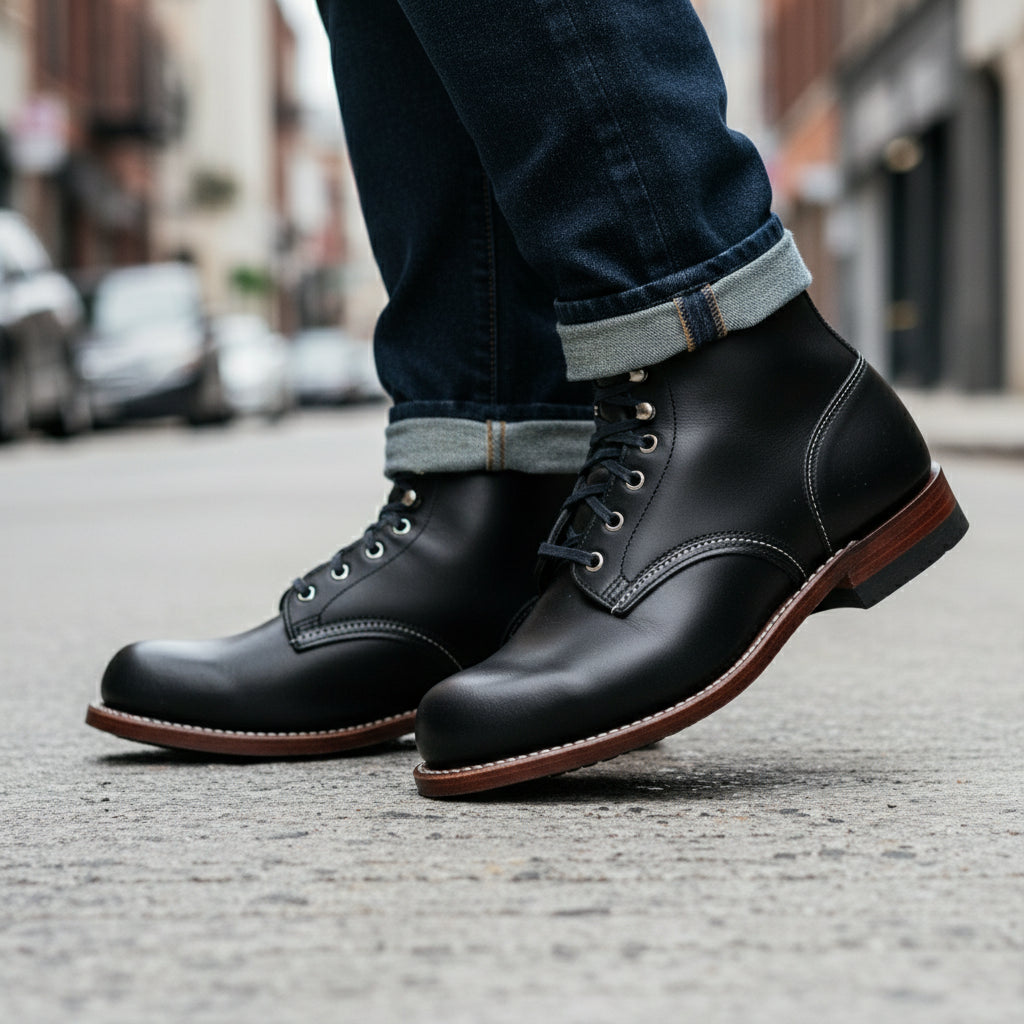 Men's Black Leather Ankle Boots with Lace-Up Design - model-walking-street